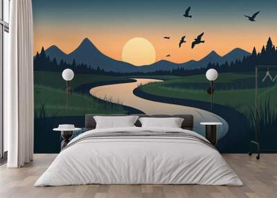 A tranquil river winds through a valley as the sun sets behind a mountain range. Birds fly overhead in the peaceful evening sky. Wall mural