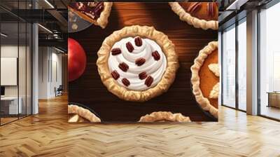 A variety of pecan pies on a wooden table with a cup of coffee. Wall mural