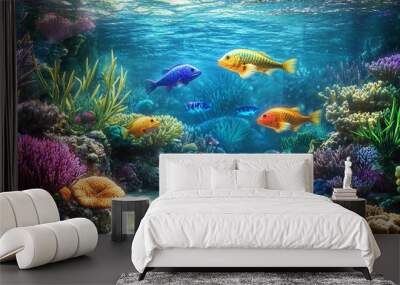 A vibrant coral reef teeming with life, featuring a diverse array of colorful fish swimming among the coral formations. Sunbeams pierce through the clear water, illuminating the scene. Wall mural