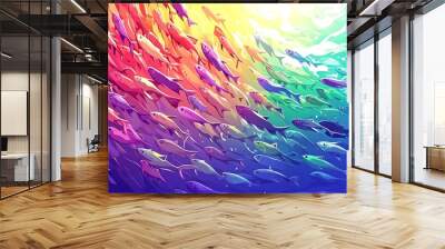 A vibrant rainbow of fish swim in a circular formation underwater. Wall mural