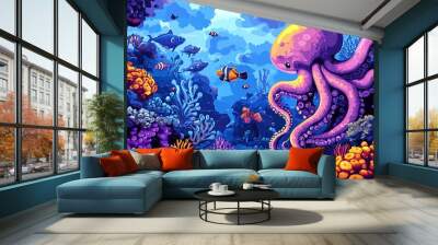 A vibrant underwater scene with a pink octopus, colorful coral, and fish swimming in a blue ocean. Wall mural