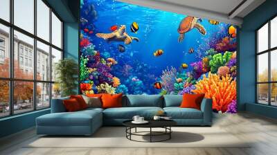 A vibrant underwater scene with colorful coral reefs, sea turtles, and tropical fish swimming in a clear blue ocean. Wall mural