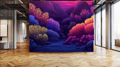 A vibrant underwater scene with coral reefs, rocks, and a sunset in the background. Wall mural