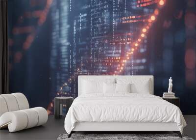 Abstract digital background with glowing lines and dots in blue and orange tones. Wall mural