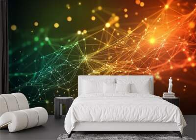 Abstract digital network with glowing lines and dots in green, orange and yellow colors on dark background. Wall mural