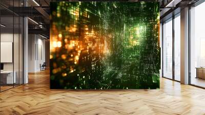 Abstract digital tunnel with glowing green and orange lights. Wall mural