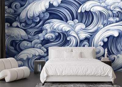 Abstract seamless pattern with stylized waves in blue and white colors. Wall mural