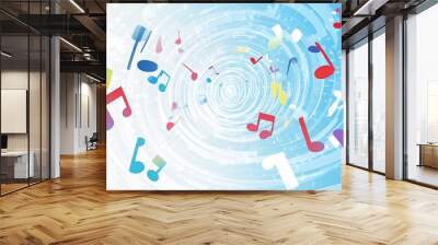 Abstract spiral background with colorful music notes on a white background. Wall mural