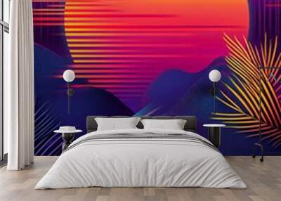 Abstract sunset with palm trees, mountains, and vibrant colors. Wall mural