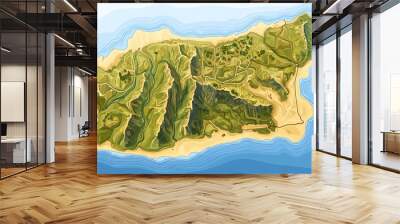 Aerial view of a lush green island with sandy beaches and blue water. Wall mural