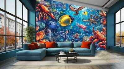 An underwater scene with colorful fish, crabs, and coral reefs. Wall mural