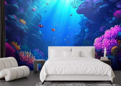 Colorful coral reef with clownfish and sunrays shining through the water. Wall mural