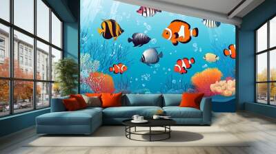 Colorful fish swim in a vibrant coral reef. Wall mural