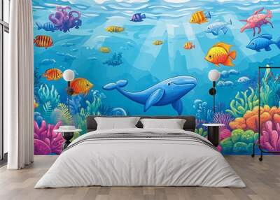 Colorful underwater scene with a whale, coral reefs, and various fish swimming in the ocean. Wall mural