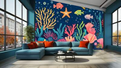 Colorful underwater scene with coral reef, starfish, and fish. Wall mural