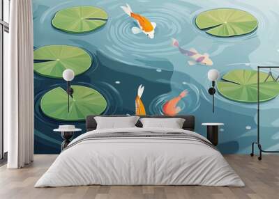 Four colorful koi fish swim in a pond with lily pads. Wall mural