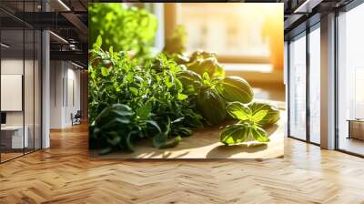 Fresh herbs, basil, oregano, mint, thyme, rosemary, parsley, sage, chives, dill, on wooden cutting board in kitchen window with sunlight. Wall mural