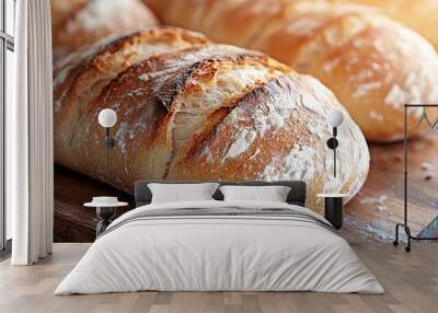 Freshly baked loaf of artisan bread on a wooden cutting board. Wall mural