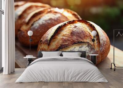 Freshly baked sourdough bread loaves on a wooden board, illuminated by warm sunlight. Wall mural