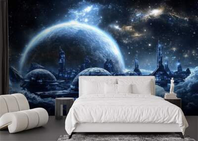 Futuristic city on a spaceship in orbit of an alien planet. Wall mural