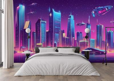 Futuristic cityscape at night with neon lights, flying cars, and glowing buildings. Wall mural