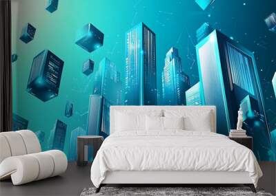 Futuristic cityscape made of data servers and connected by glowing lines, representing the digital world and the growth of technology. Wall mural