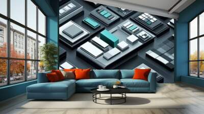 Isometric view of various computer interface elements, with a 3D design style. Wall mural