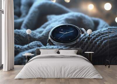 Modern smartwatch on soft knitted fabric with blurred lights in the background. Wall mural