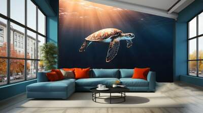 Sea turtle swims through sunlit ocean water. Wall mural