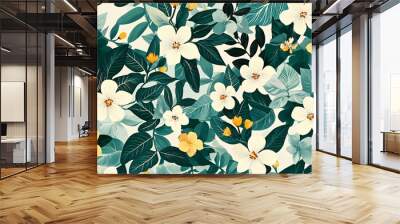 Seamless pattern of white and yellow flowers with green leaves on a teal background. Wall mural