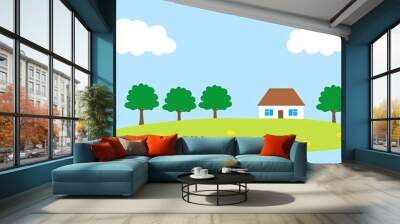 Simple cartoon illustration of a house on a hill with trees and clouds. Wall mural