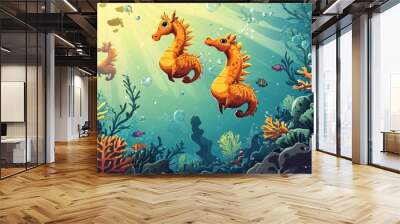 Three cartoon seahorses swim in the coral reef. Wall mural