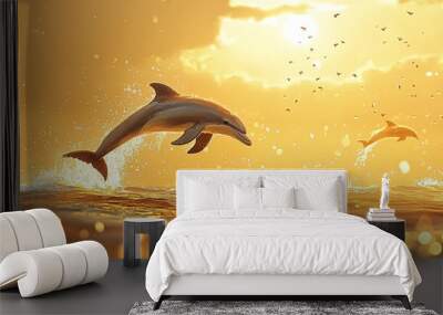 Two dolphins leap out of the water against a bright orange sunset. Wall mural