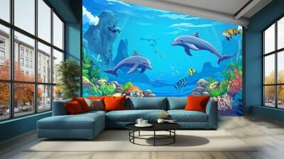 Two dolphins swim in a vibrant underwater scene filled with colorful fish, sea turtles, coral reefs, and plants. Wall mural