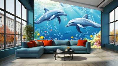 Two dolphins swimming in a vibrant coral reef with colorful fish and bubbles. Wall mural