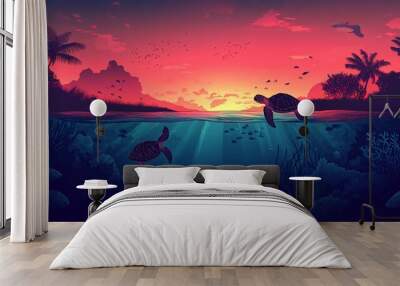 Two sea turtles swim in the ocean at sunset with a view of the tropical island and a vibrant coral reef. Wall mural