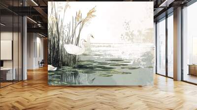 Two white swans stand in the water next to tall reeds while a third swan swims in the foreground. The water is a light blue color and the background is a light brown. Wall mural