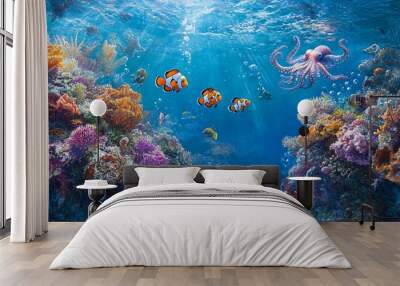 Vibrant underwater scene with colorful coral reef, clownfish, and an octopus. Wall mural