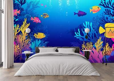 Vibrant underwater scene with colorful coral reefs and fish swimming in the clear blue ocean. Wall mural