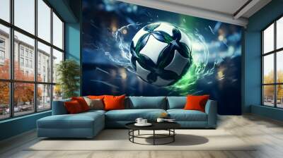 A striking illuminated  football soccer ball adorned in the green of Saudia Arabia which has a growing league that has attracted top players to join. Wall mural