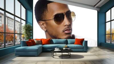 Portrait of a young black man wearing sunglasses against modern bright white background
 Wall mural