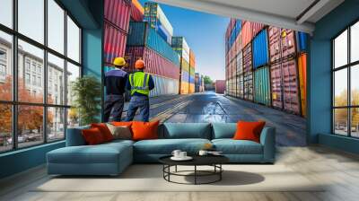 Workers at a bustling container shipping dock manage cargo and oversee the global flow of goods and trade. Wall mural