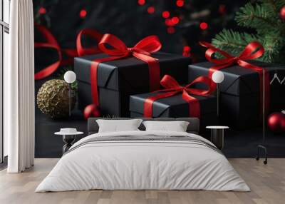 Black friday sales concept black gift boxes with red ribbon Wall mural