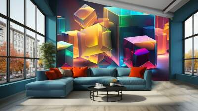 abstract wallpaper of translucent colorful cubes, poster and banner background, ratio 2-1, generative AI Wall mural