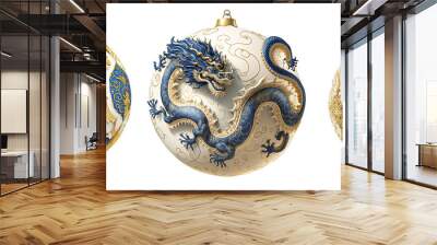 chinese dragon, blue dragon, year of the dragon, traditional Chinese ceramic ornament set in blue white and gold, decoration, transparent background, generative AI Wall mural