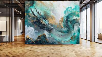 Chinese dragon, Year of the Dragon, 3d wallpaper, mountain and river fantasy landscape background inspired by chinese traditional ink painting, gold, blue, green, generative AI Wall mural