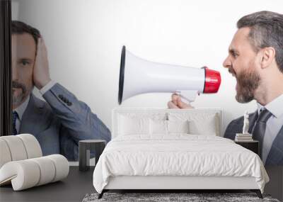 business man promoter has conflict. businessman promoting idea for business. promotion concept. business promotion ideas. businessman shouting in loudspeaker isolated on white. too loud Wall mural