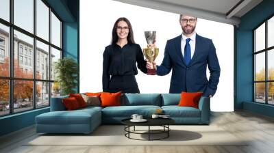 Business success. Two businessman and businesswoman on business successful meeting. successful business woman man in suit hold champion cup. business reward and success. leadership Wall mural