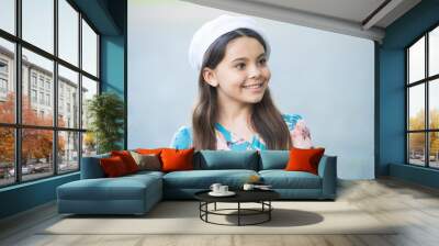 Classic French look. Beauty look of girl child. Happy baby smile with fashion look. Trendy look. Stylish trends. Kids wardrobe. Beauty salon. Elegance what you deserve, copy space Wall mural