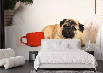 Cute pug dog with red mug isolated on studio background Wall mural